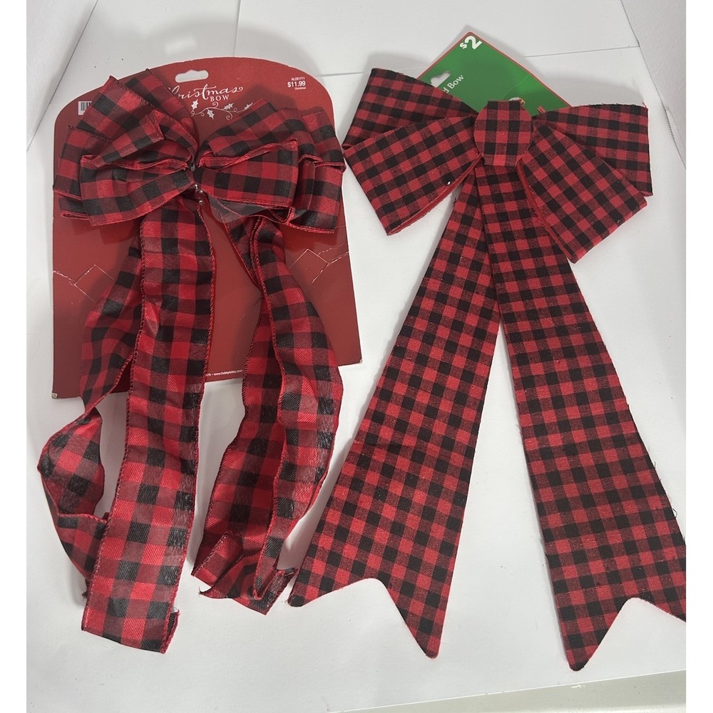 2 XL Red Black Buffalo Plaid Christmas Bows Crafting Wreaths Tree Farmhouse